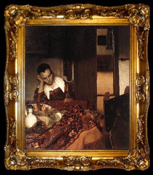framed  Jan Vermeer A Woman Asleep at Tablec, ta009-2